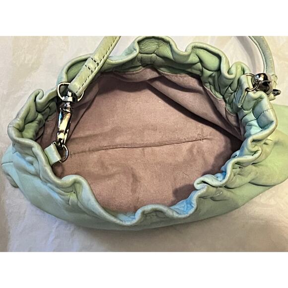 LULU GUINNESS Leather Clutch Bag Flex Frame Closure Light Green Color - Picture 6 of 13